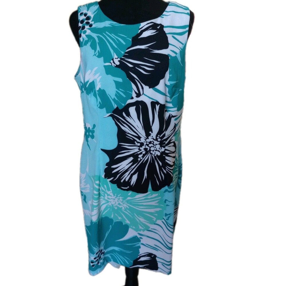 Connected Apparel Women's 12 Blue, Green & White Tropical Sleeveless Midi Dress